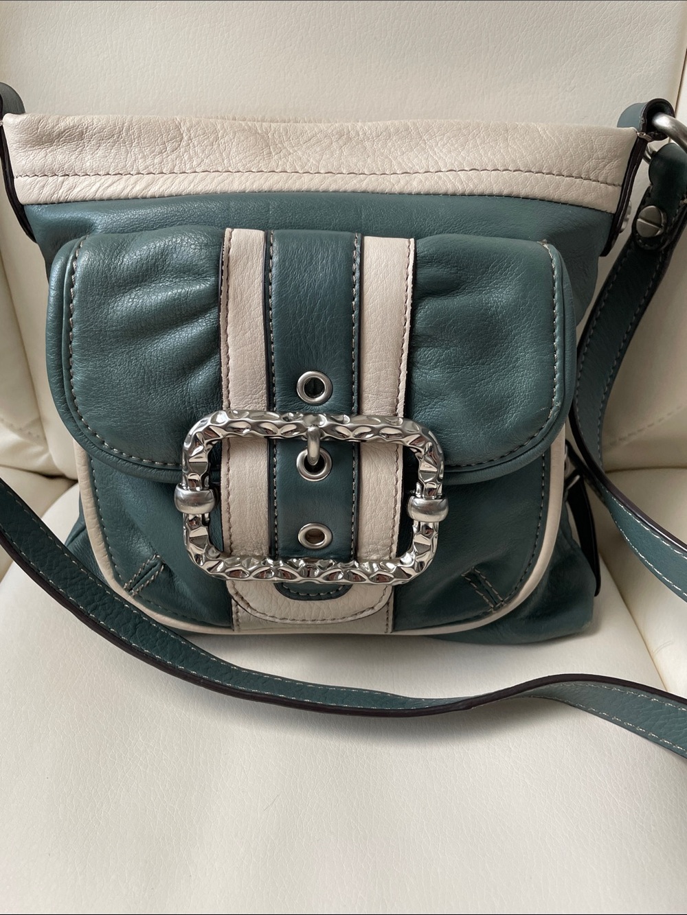 Teal and Cream Leather Crossbody Bag with Decorative Buckle